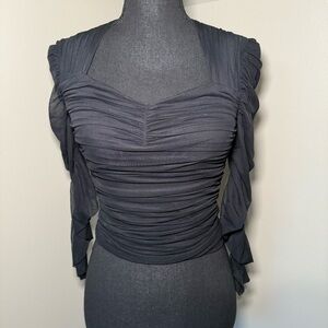 Express Black Sweetheart Neckline Rusched‎ Front & Back Long Sheer Sleeved Top